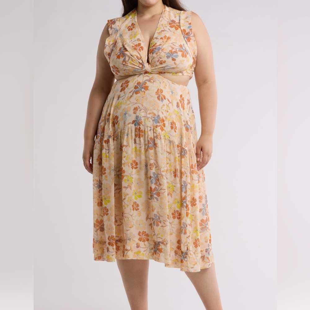 Cutout Silk Floral Print Midi Dress